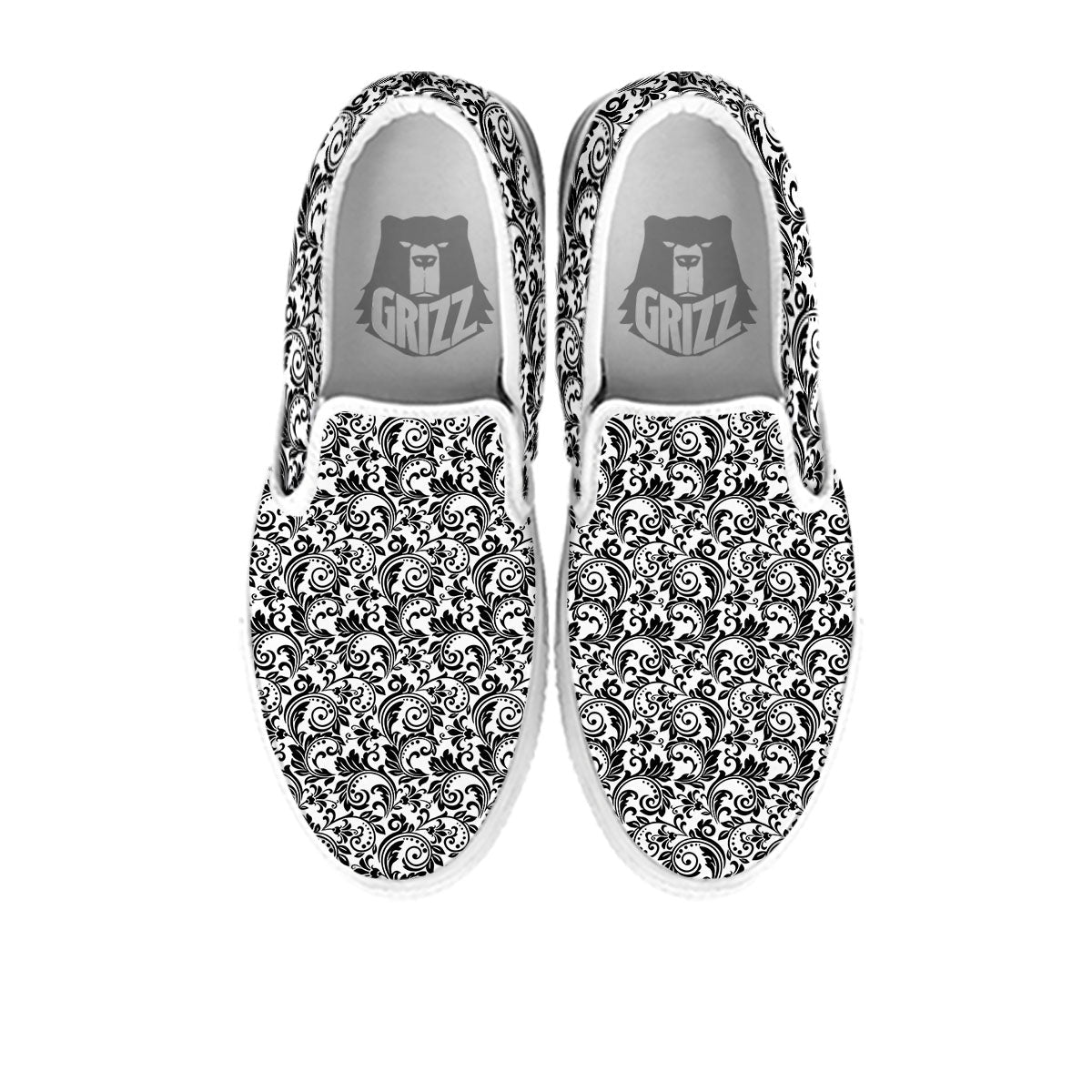 Western Flower White And Black Print White Slip On Shoes-grizzshop