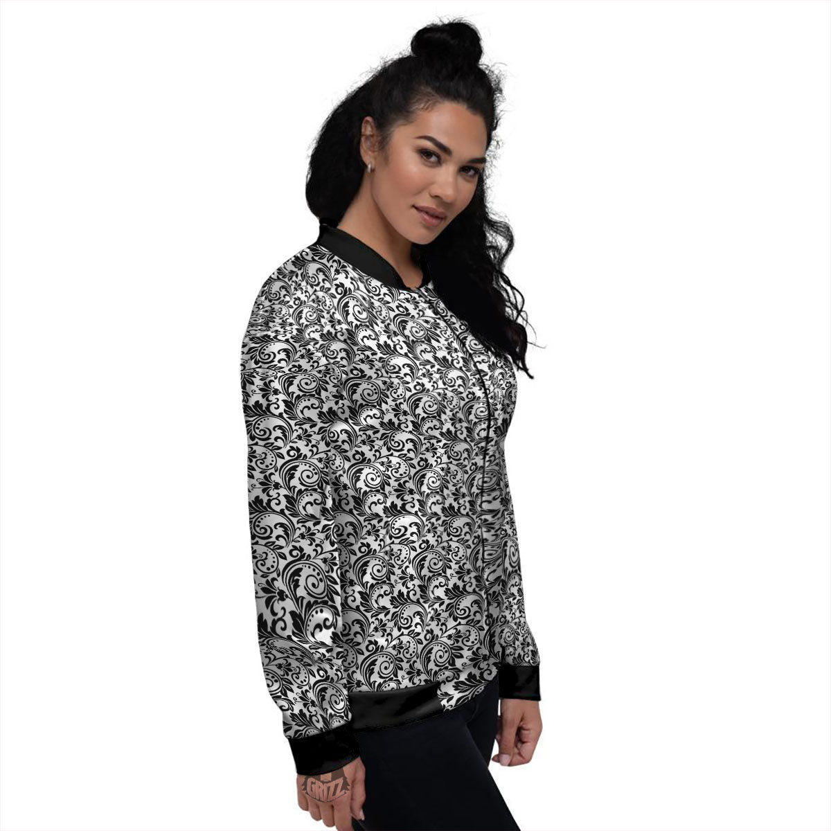 Western Flower White And Black Print Women's Bomber Jacket-grizzshop