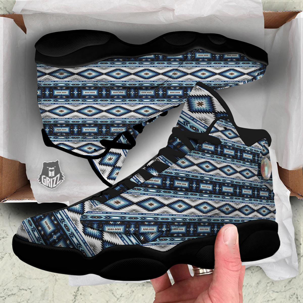 Western Navajo Blue Native Print Black Basketball Shoes-grizzshop