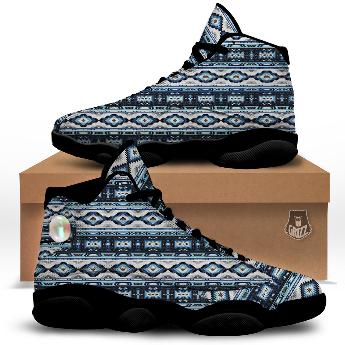 Western Navajo Blue Native Print Black Basketball Shoes-grizzshop