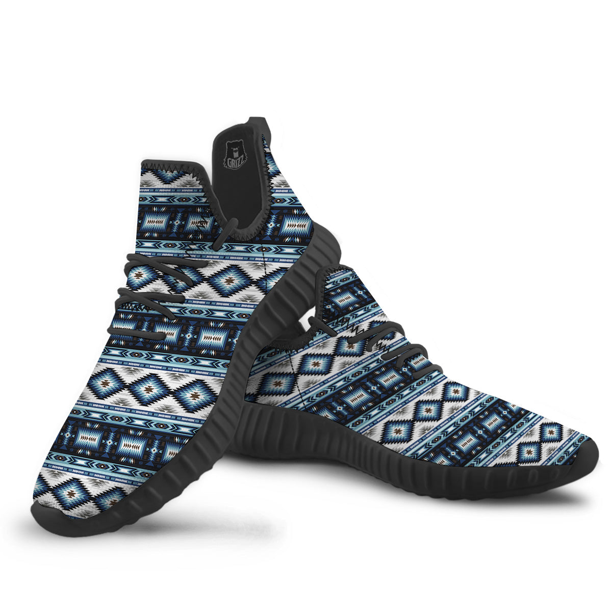 Western Navajo Blue Native Print Black Walking Shoes-grizzshop
