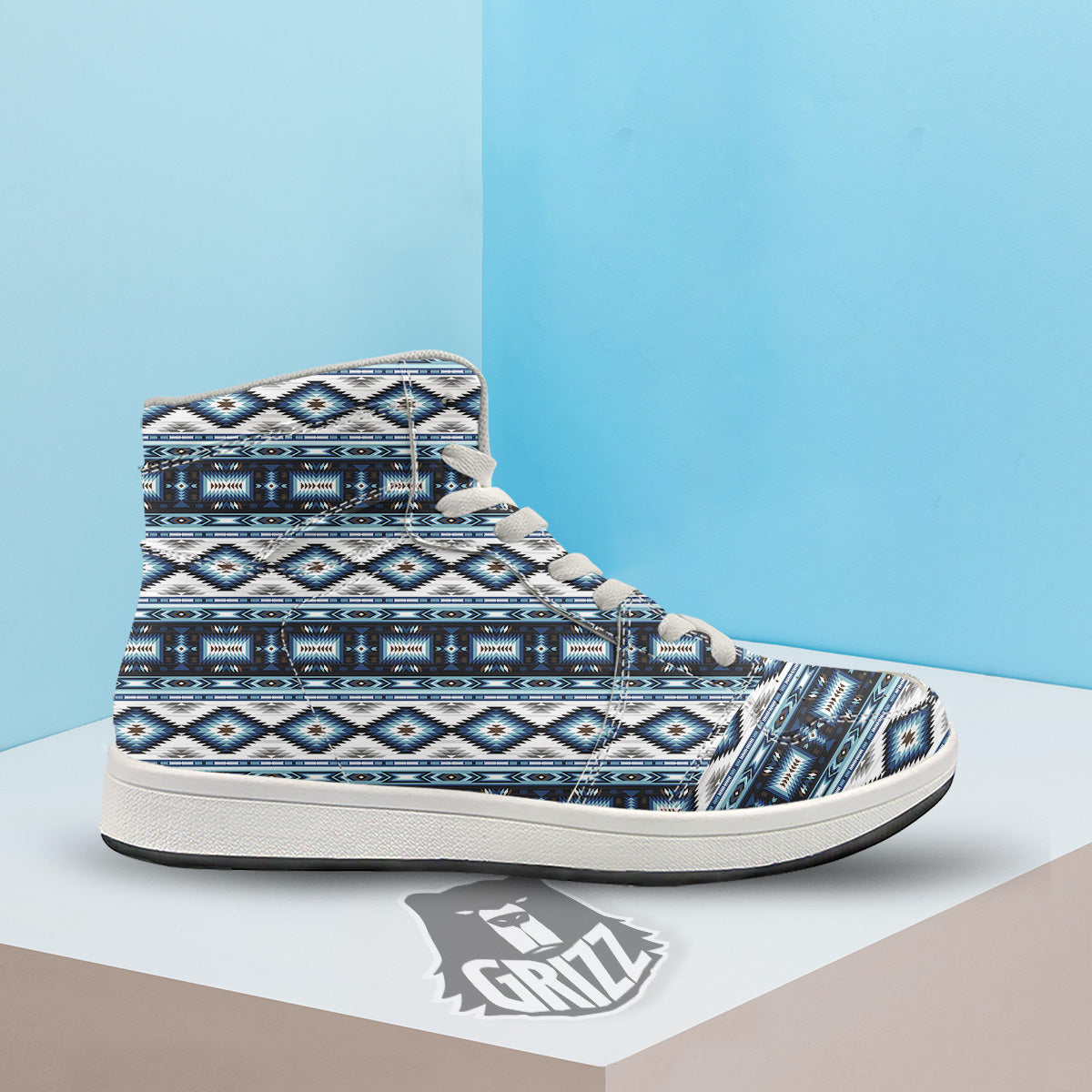 Western Navajo Blue Native Print High Top Sneakers-grizzshop