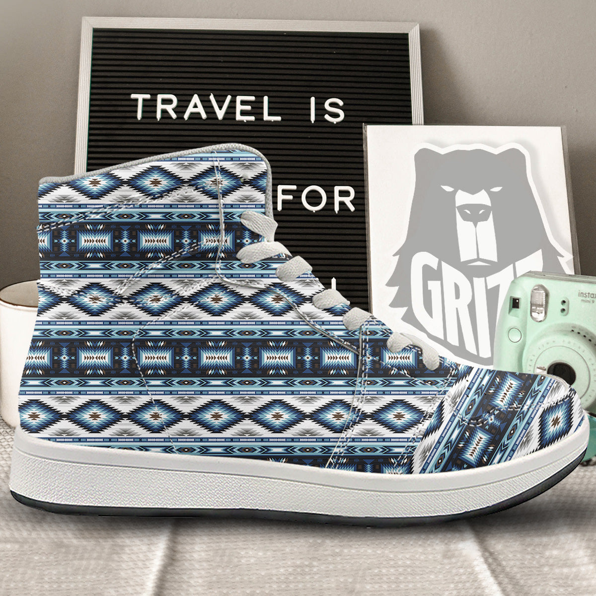 Western Navajo Blue Native Print High Top Sneakers-grizzshop