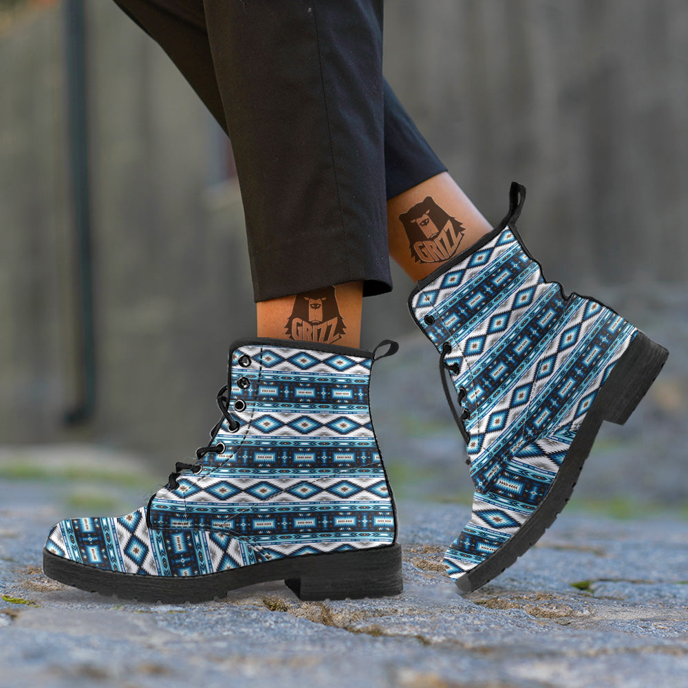 Western Navajo Blue Native Print Leather Boots-grizzshop