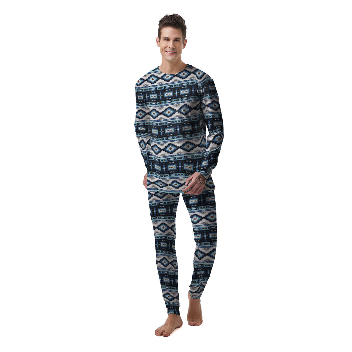 Western Navajo Blue Native Print Men's Pajamas-grizzshop