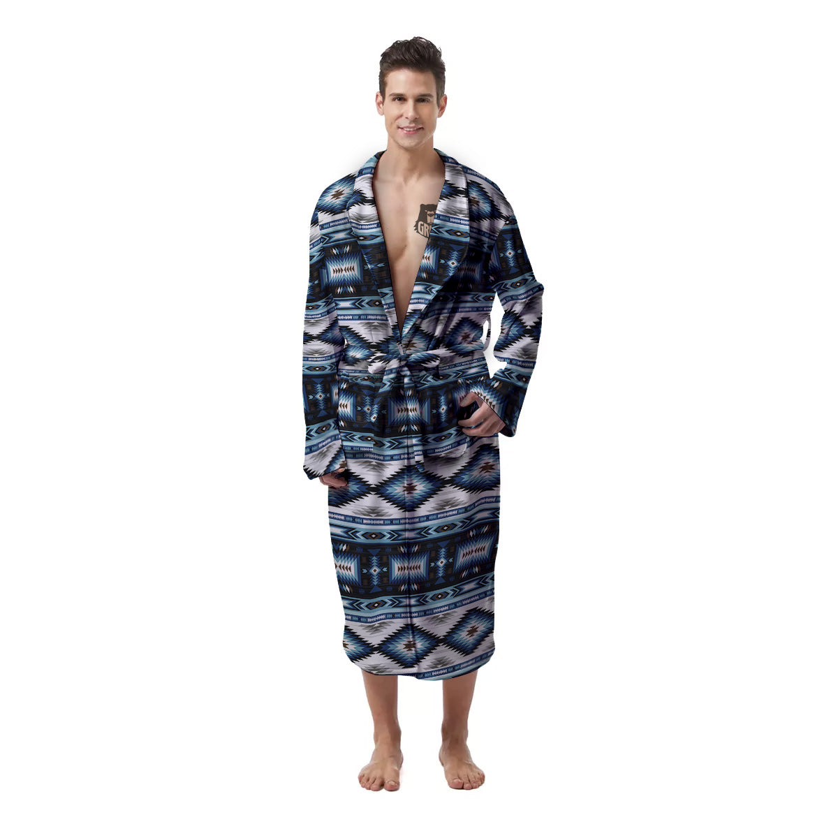 Western Navajo Blue Native Print Men's Robe-grizzshop