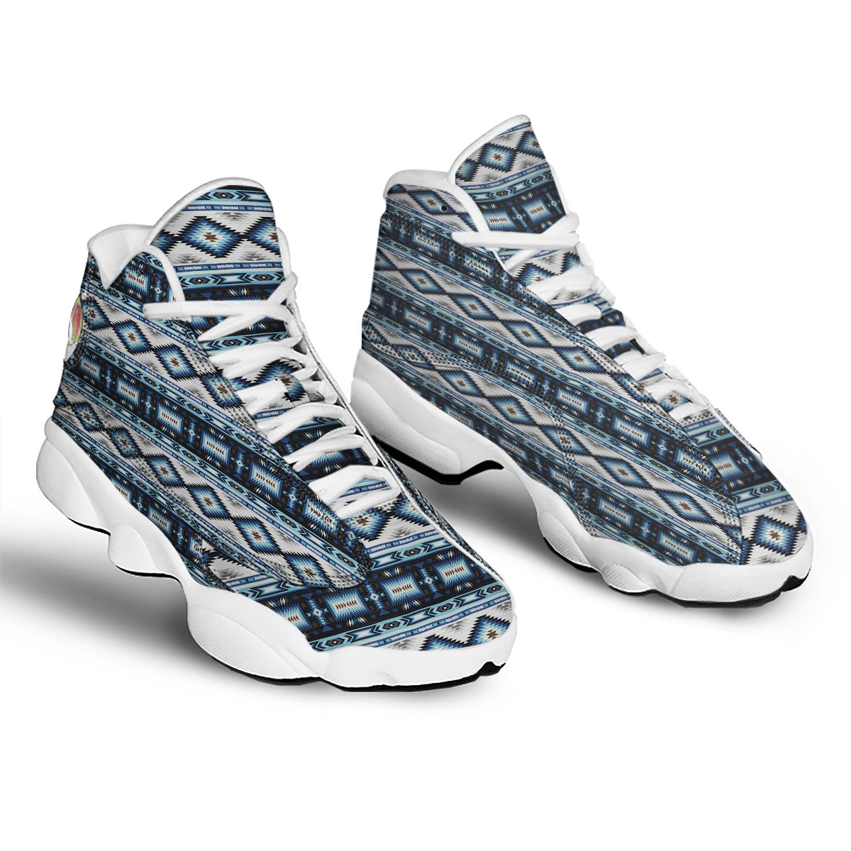 Western Navajo Blue Native Print White Basketball Shoes-grizzshop