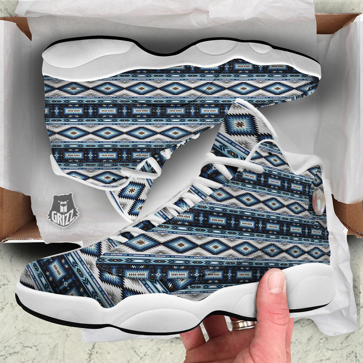 Western Navajo Blue Native Print White Basketball Shoes-grizzshop