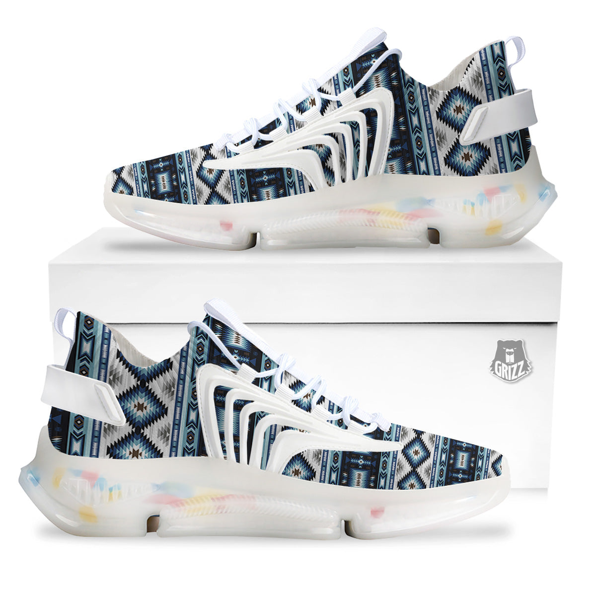 Western Navajo Blue Native Print White Gym Shoes-grizzshop