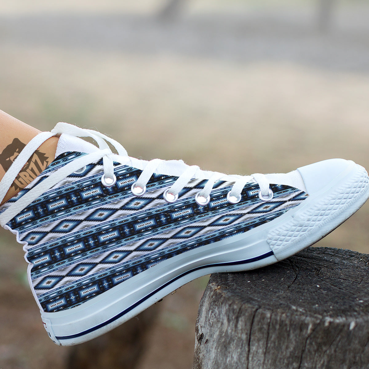 Western Navajo Blue Native Print White High Top Shoes-grizzshop