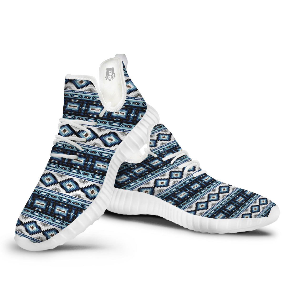 Western Navajo Blue Native Print White Walking Shoes-grizzshop