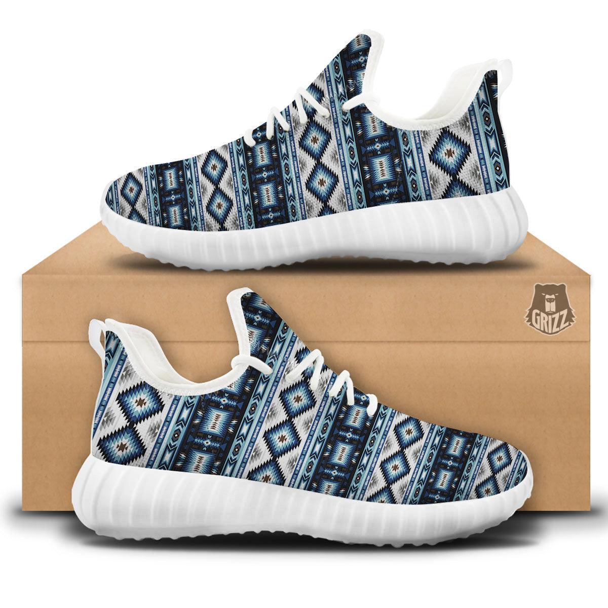 Western Navajo Blue Native Print White Walking Shoes-grizzshop
