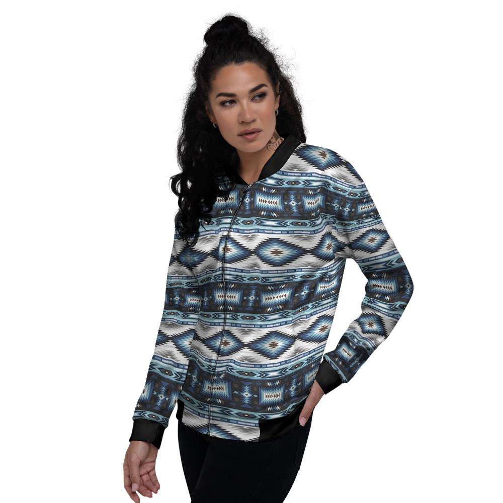 Western Navajo Blue Native Print Women's Bomber Jacket-grizzshop