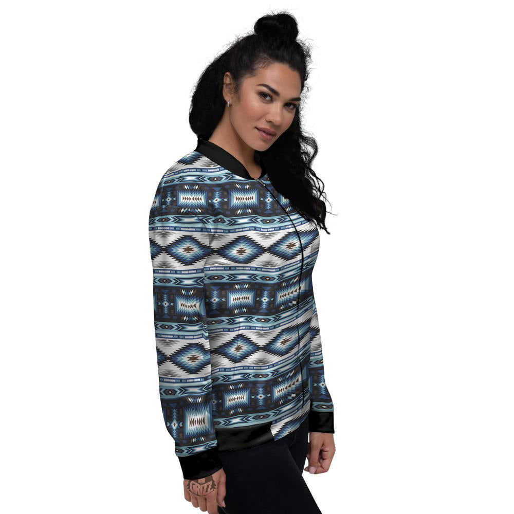 Western Navajo Blue Native Print Women's Bomber Jacket-grizzshop