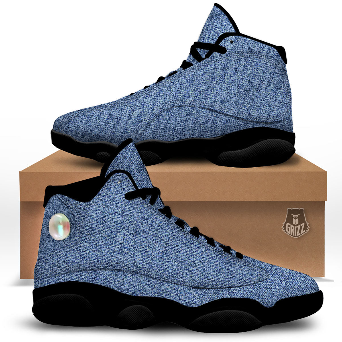 Western Paisley Blue Denim Print Black Basketball Shoes-grizzshop