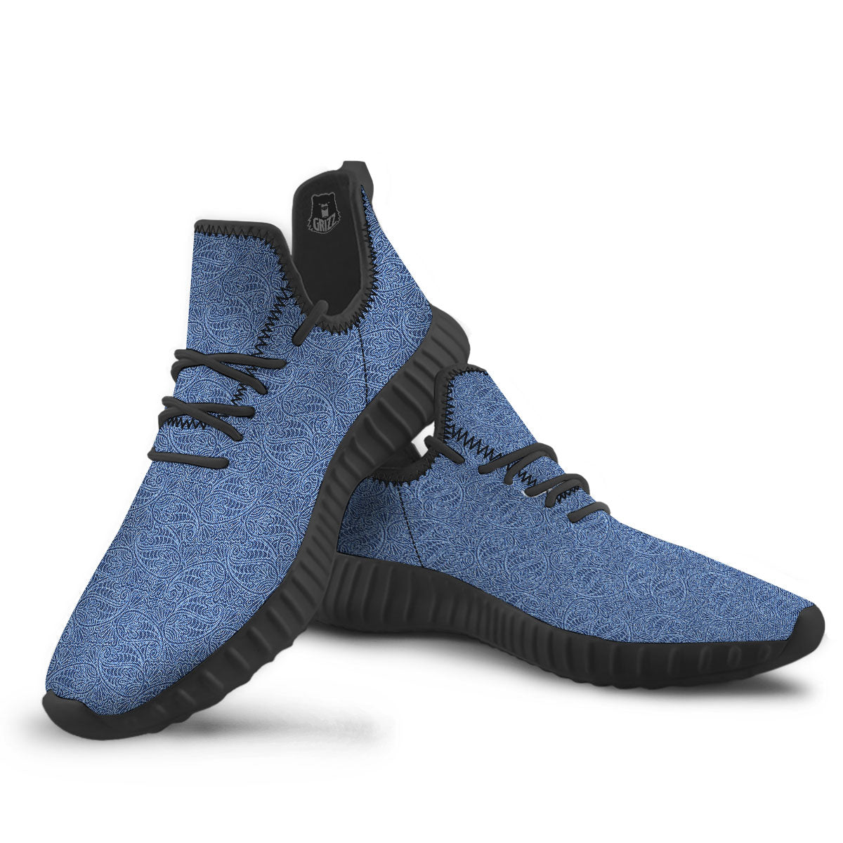 Western Paisley Blue Denim Print Black Walking Shoes-grizzshop