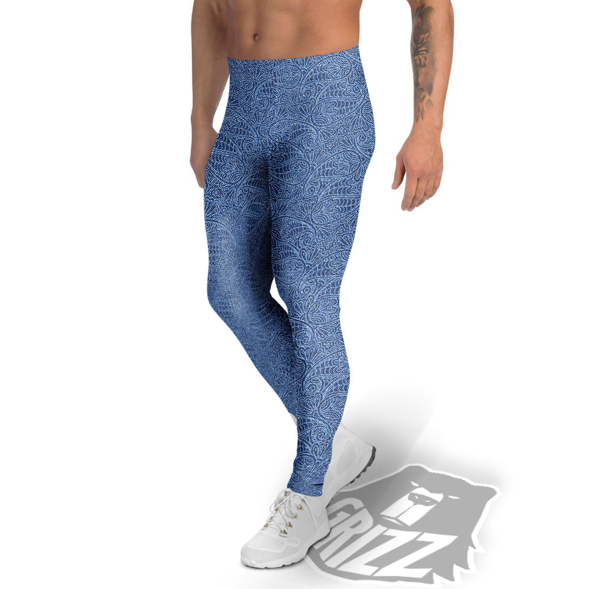 Western Paisley Blue Denim Print Men's Leggings-grizzshop