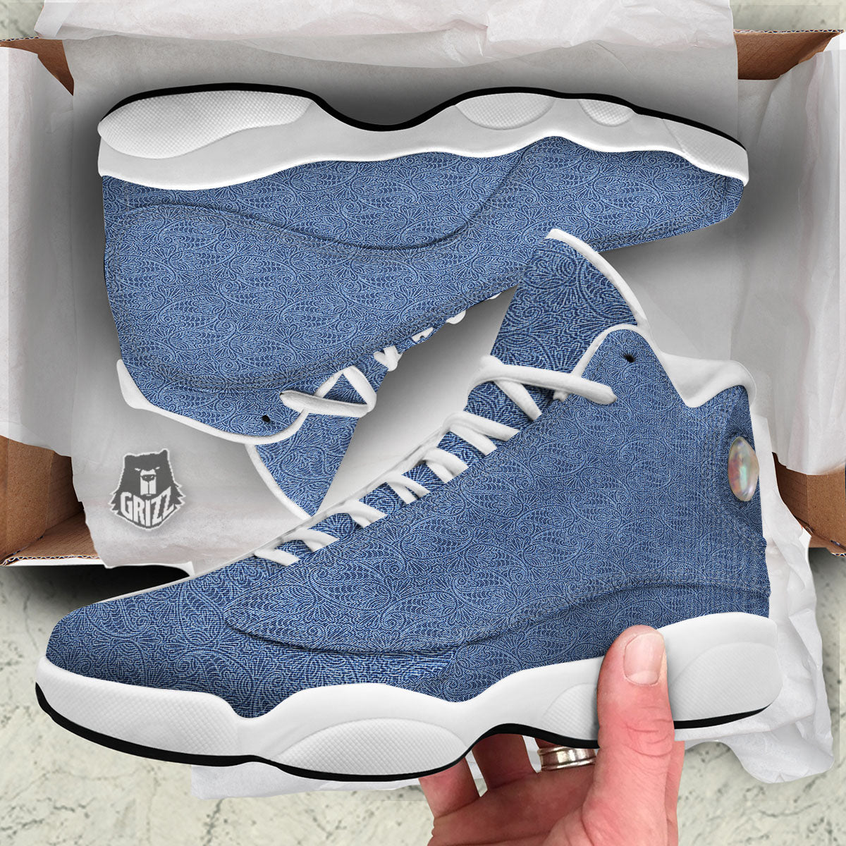 Western Paisley Blue Denim Print White Basketball Shoes-grizzshop