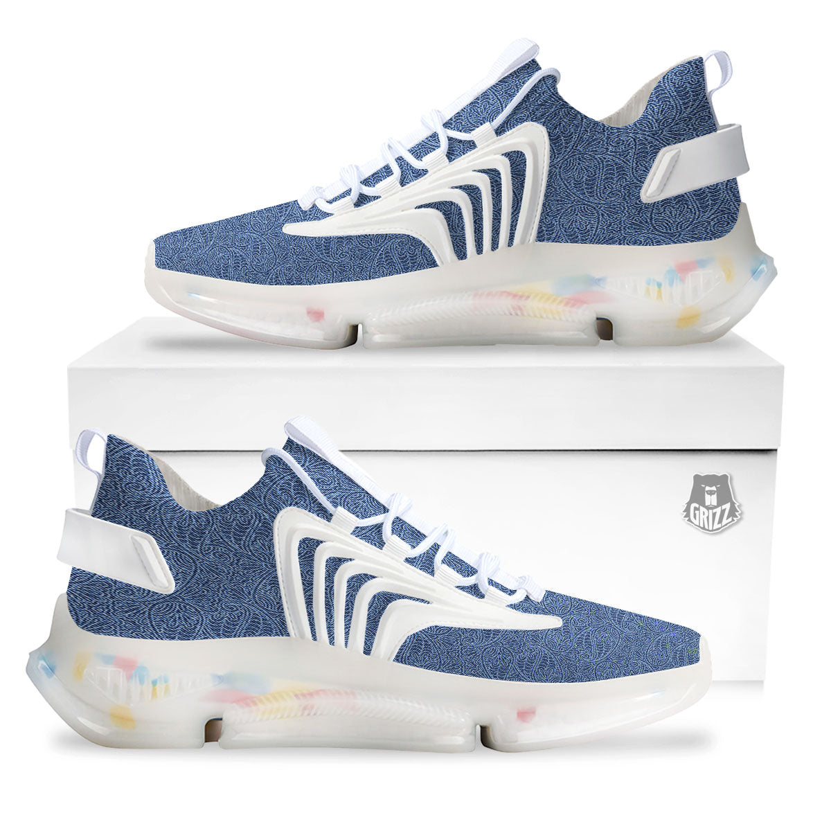 Western Paisley Blue Denim Print White Gym Shoes-grizzshop