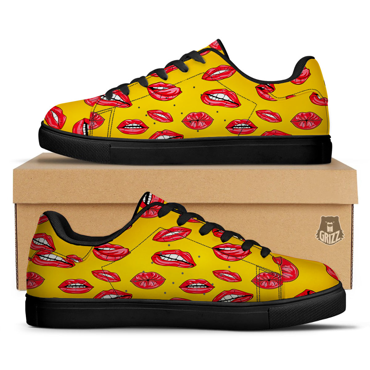 Wet Lips Print Pattern Black Low Top Sneakers-grizzshop