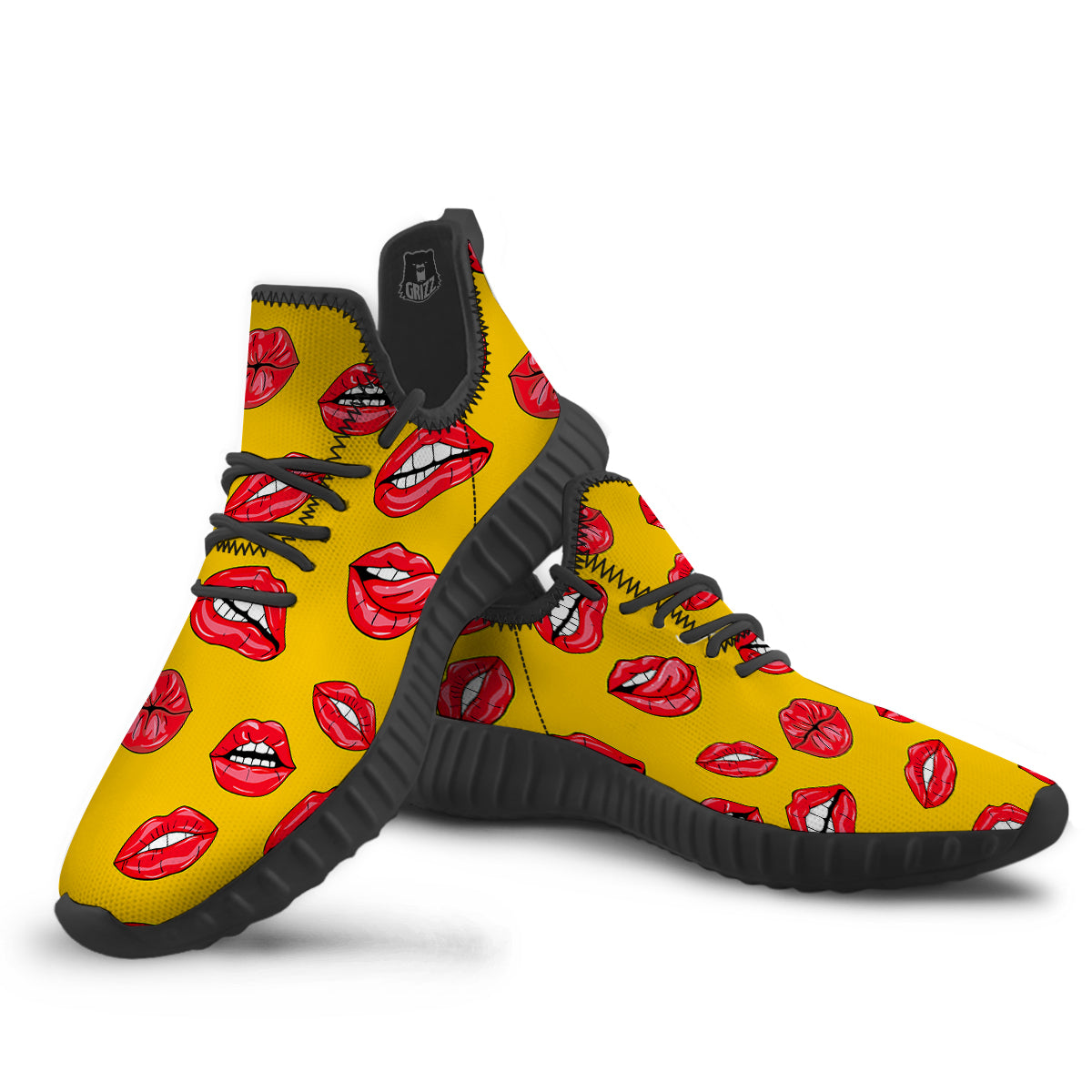 Wet Lips Print Pattern Black Walking Shoes-grizzshop
