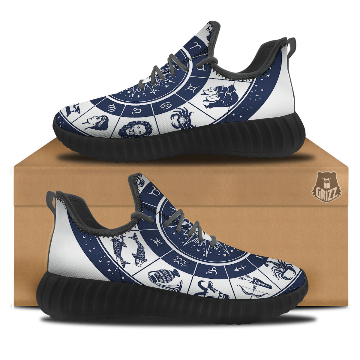 Wheel Zodiac Signs Print Black Walking Shoes-grizzshop