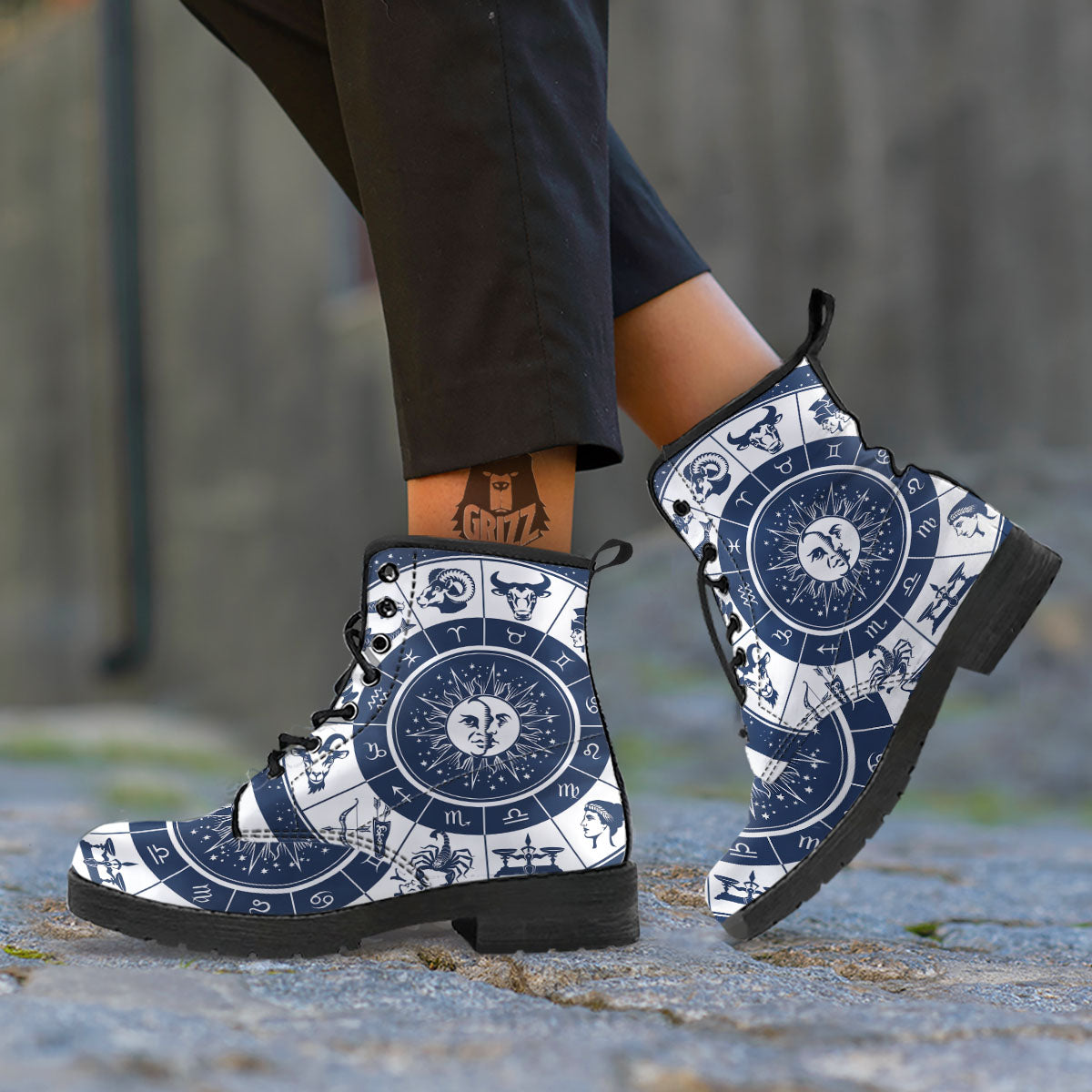 Wheel Zodiac Signs Print Leather Boots-grizzshop