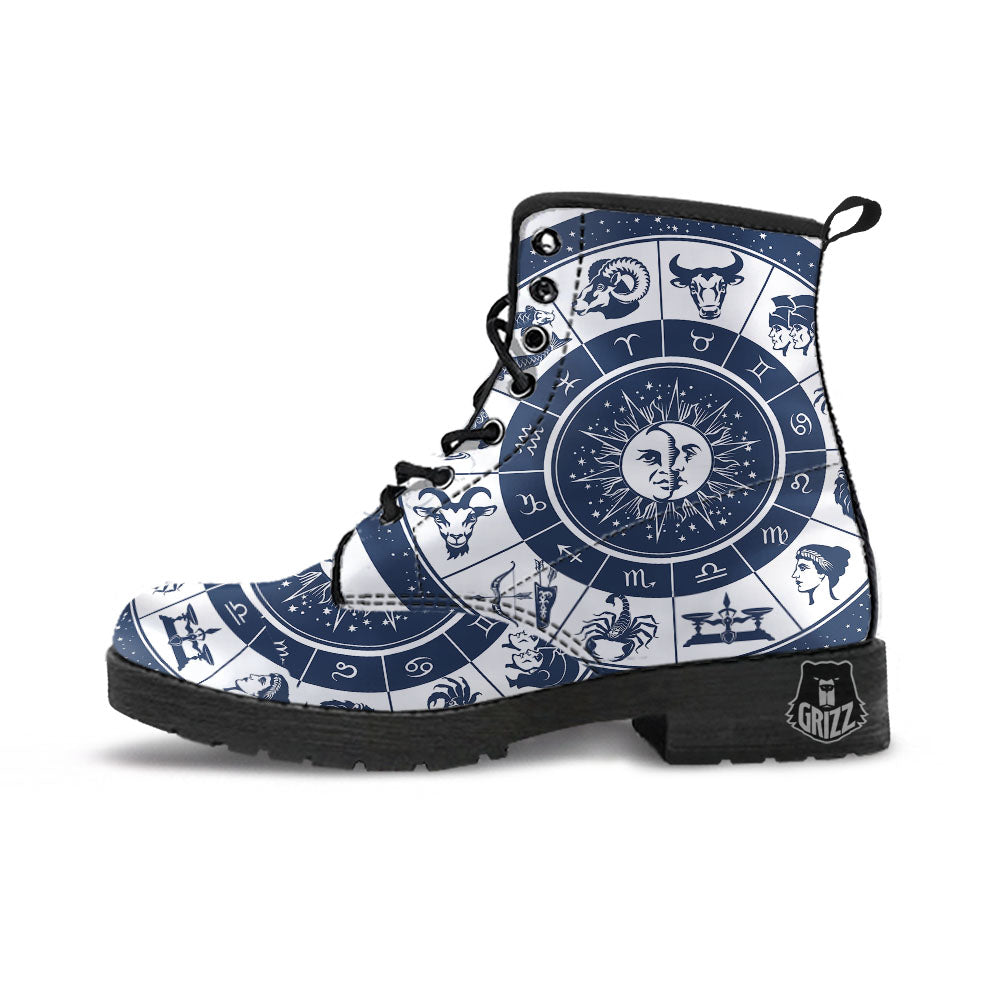 Wheel Zodiac Signs Print Leather Boots-grizzshop