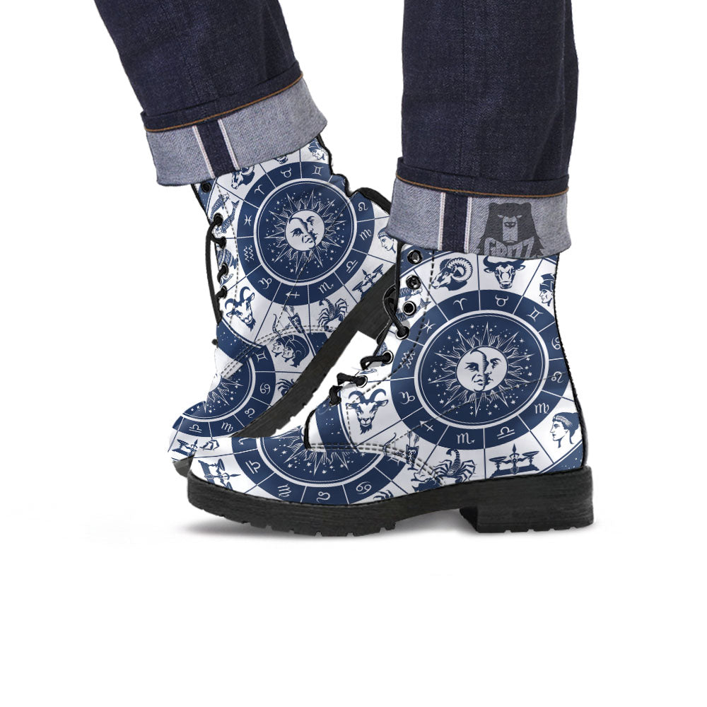 Wheel Zodiac Signs Print Leather Boots-grizzshop