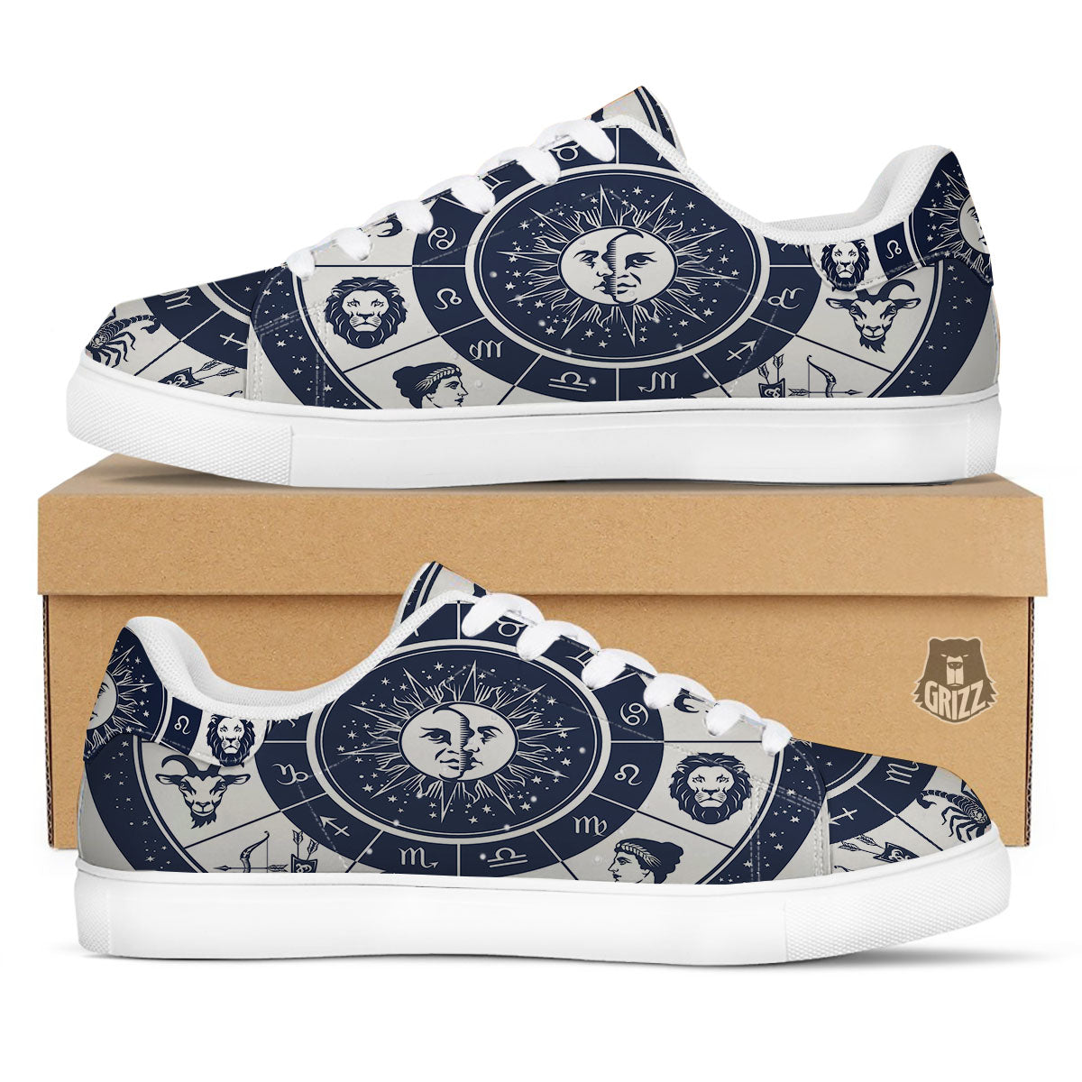 Wheel Zodiac Signs Print White Low Top Sneakers-grizzshop