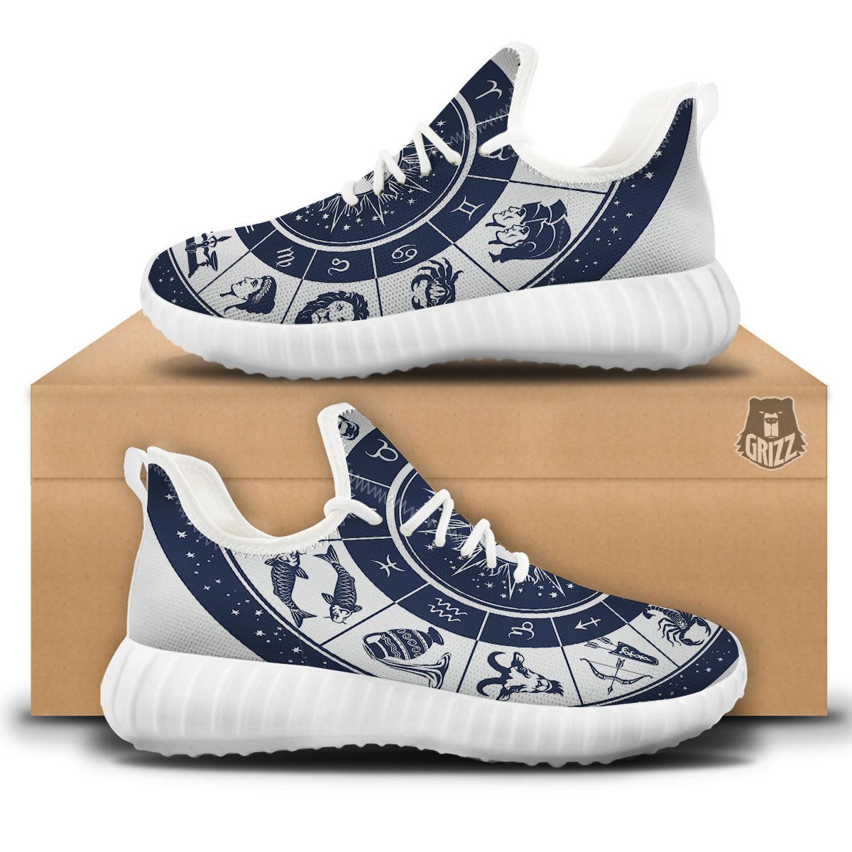 Wheel Zodiac Signs Print White Walking Shoes-grizzshop