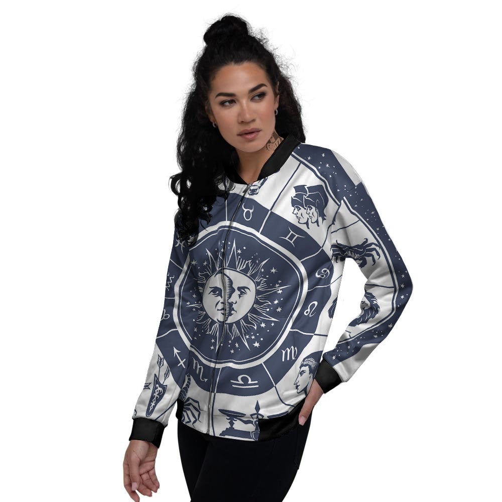 Wheel Zodiac Signs Print Women's Bomber Jacket-grizzshop