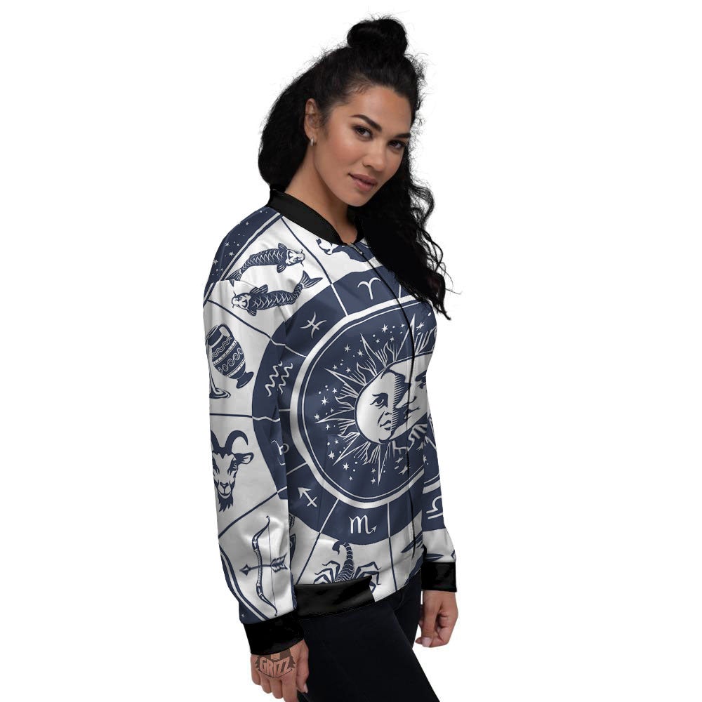 Wheel Zodiac Signs Print Women's Bomber Jacket-grizzshop