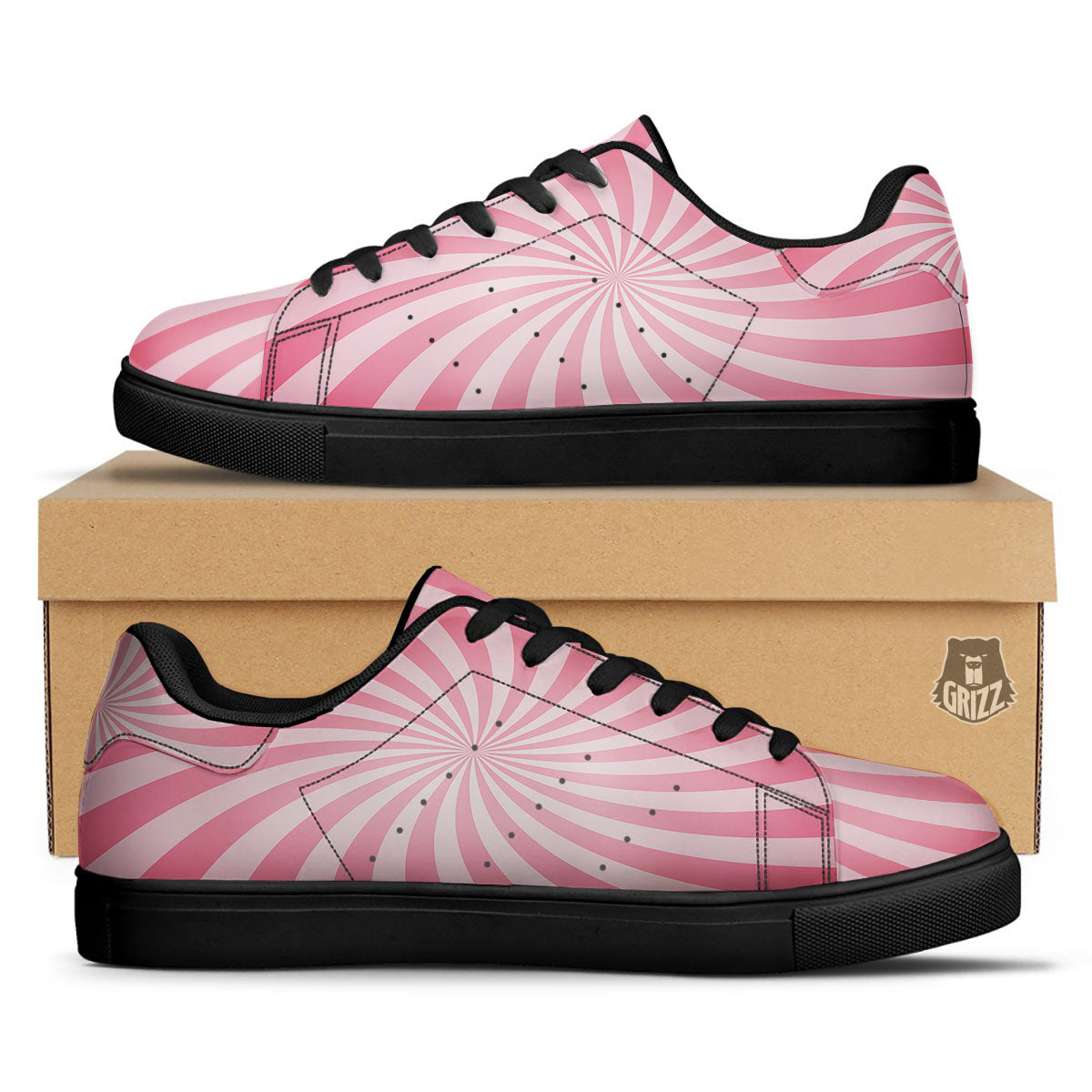Whirlpool Spiral Pink Print Black Low Top Sneakers-grizzshop