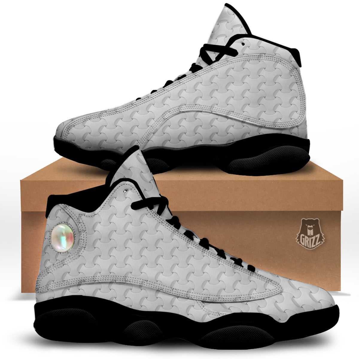 White Abstract 3D Geometric Print Pattern Black Basketball Shoes-grizzshop