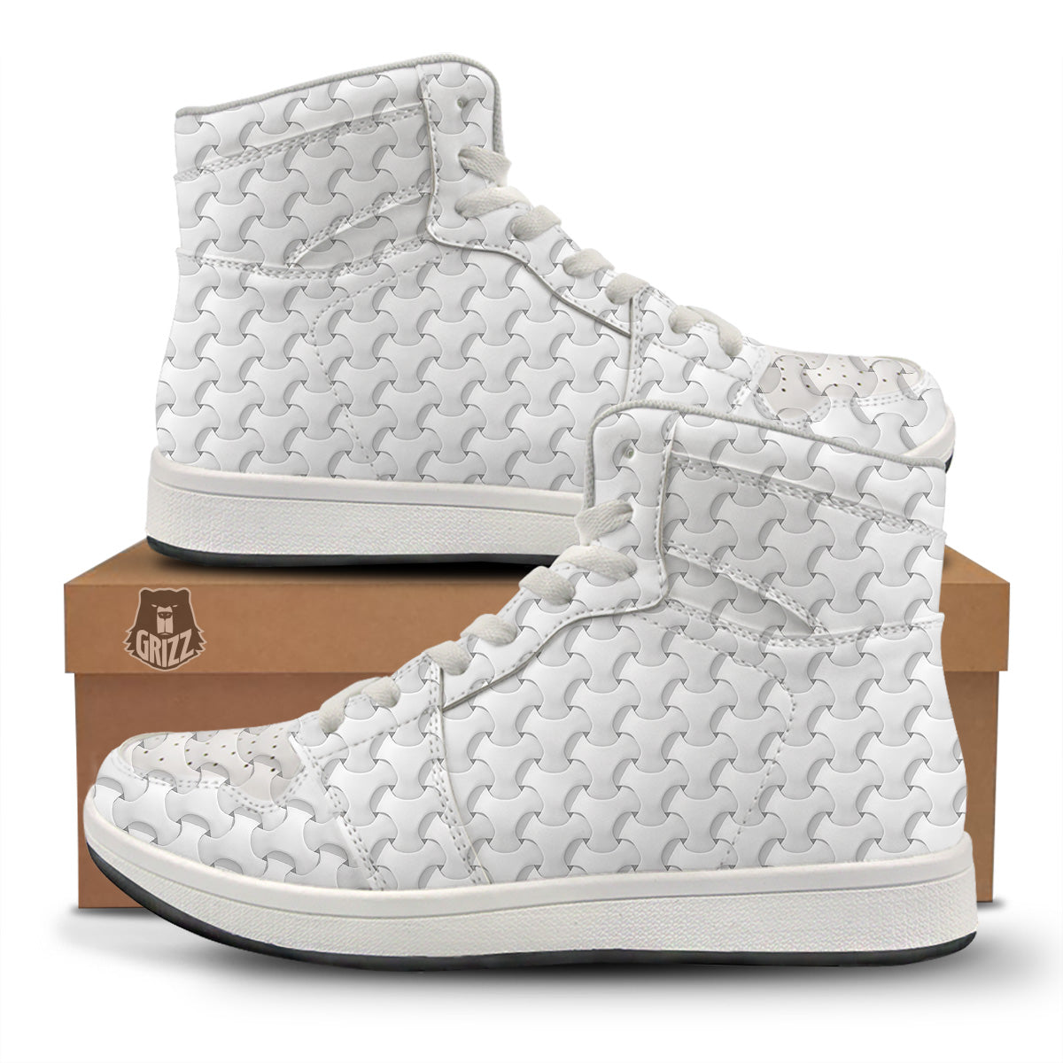 White Abstract 3D Geometric Print Pattern High Top Sneakers-grizzshop