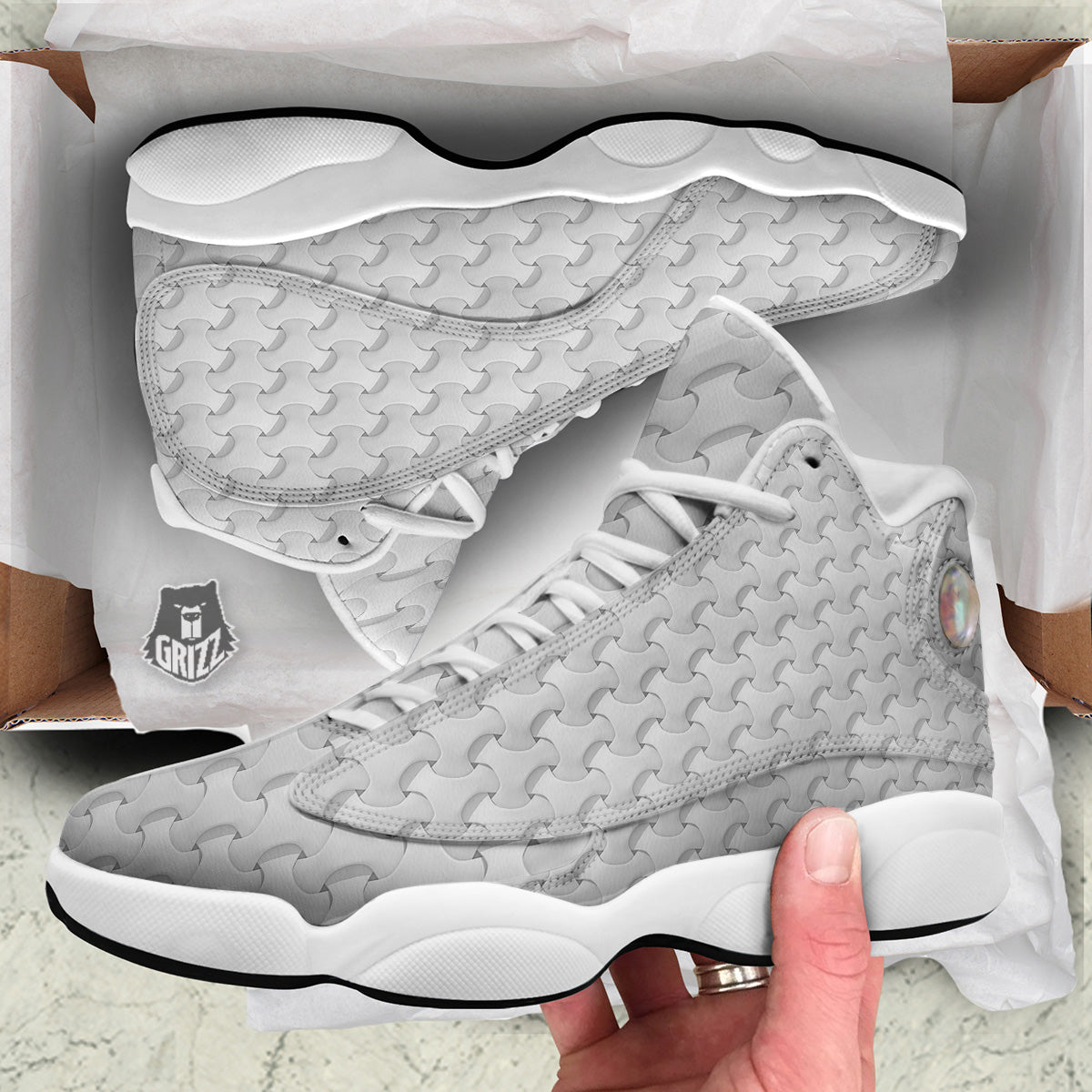 White Abstract 3D Geometric Print Pattern White Basketball Shoes-grizzshop