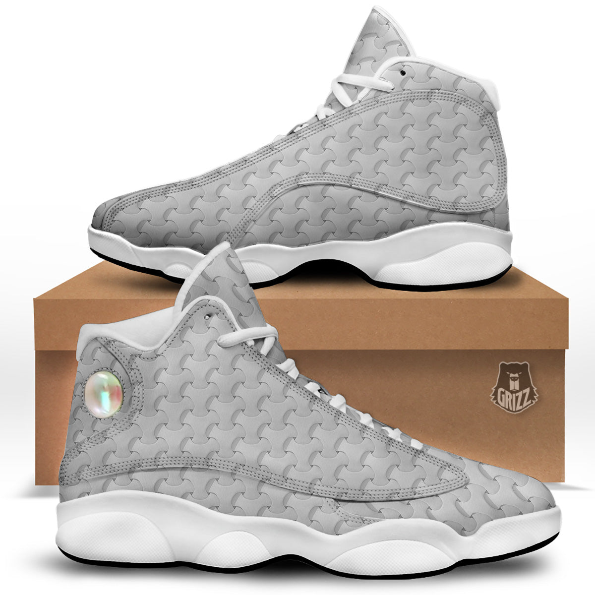 White Abstract 3D Geometric Print Pattern White Basketball Shoes-grizzshop