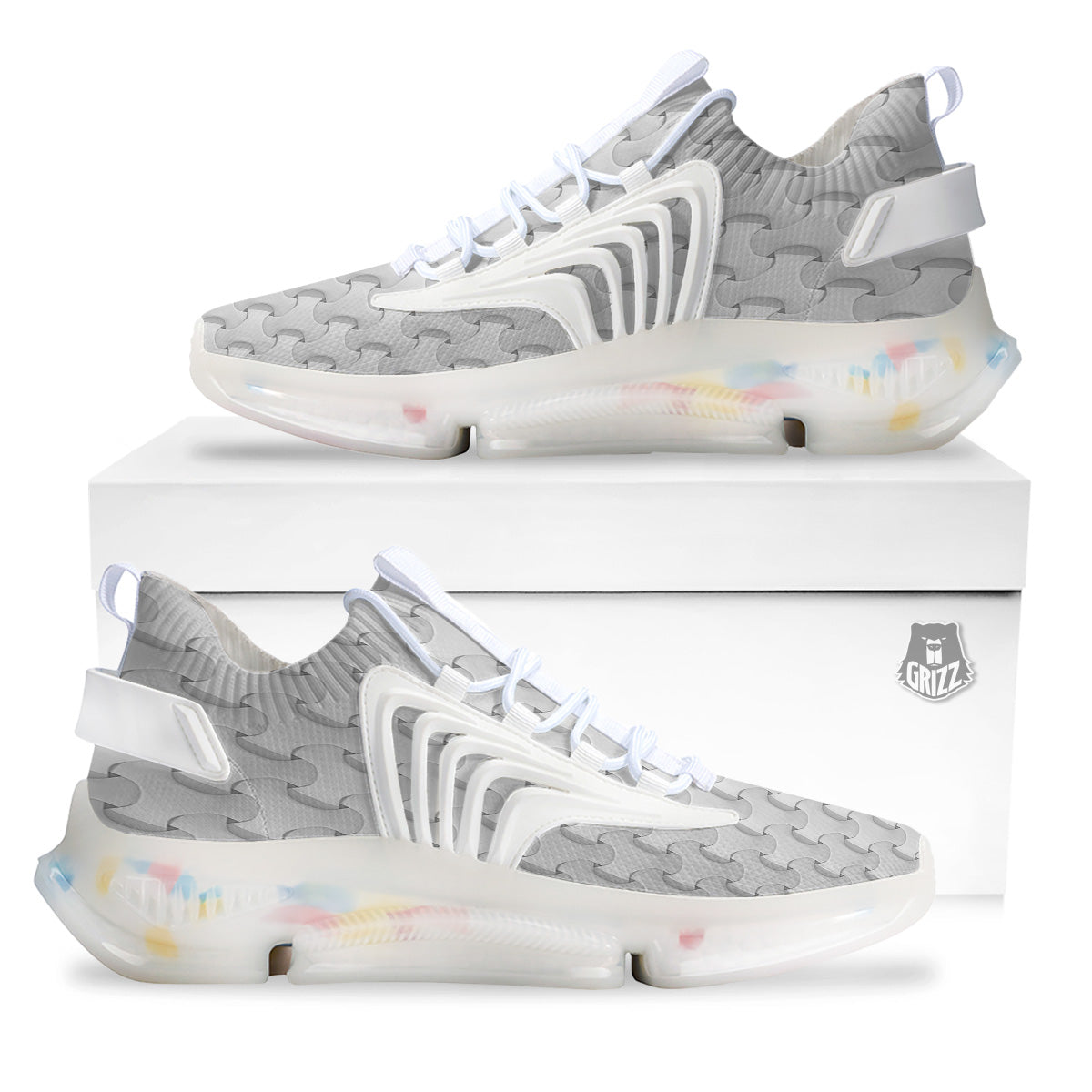 White Abstract 3D Geometric Print Pattern White Gym Shoes-grizzshop