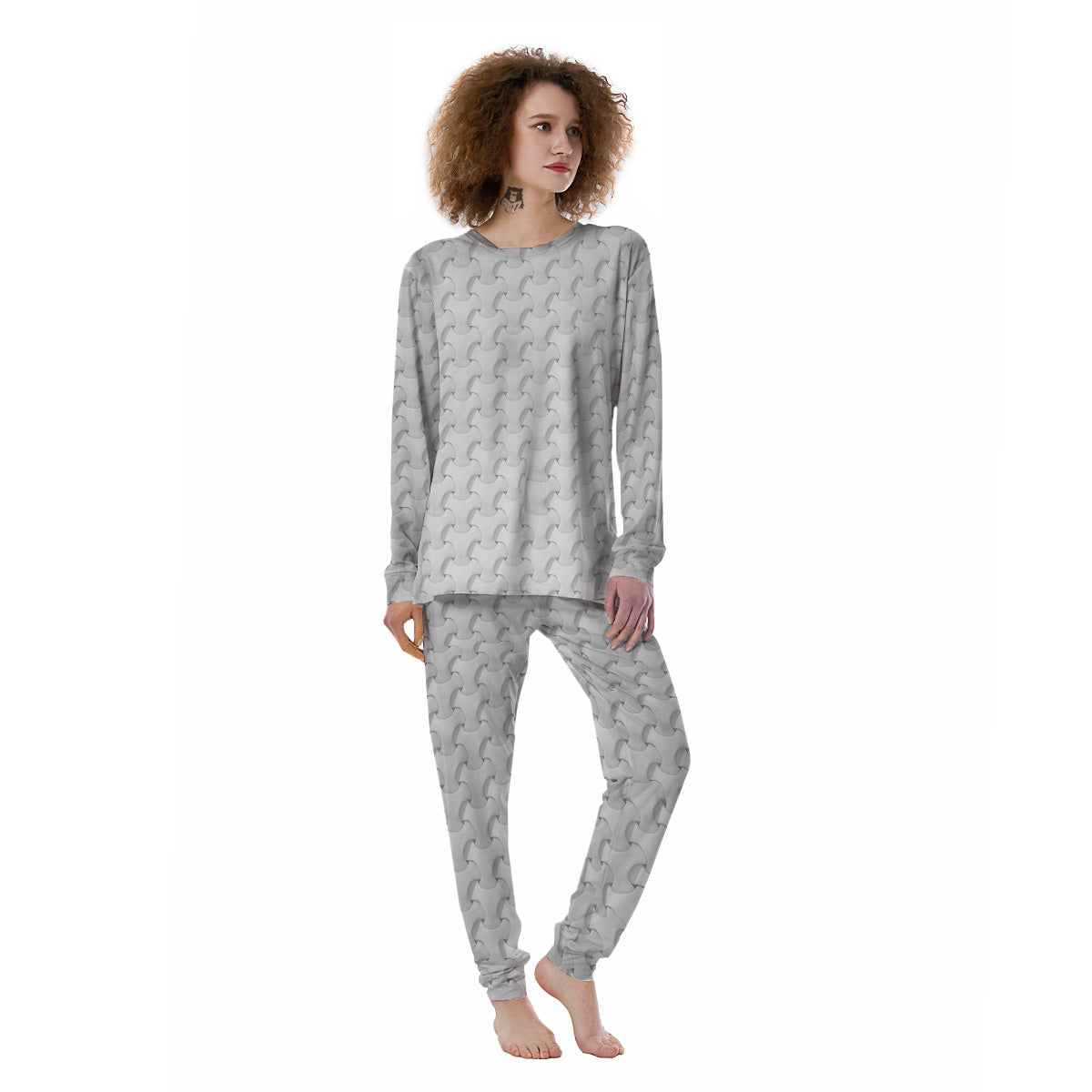 White Abstract 3D Geometric Print Pattern Women's Pajamas-grizzshop
