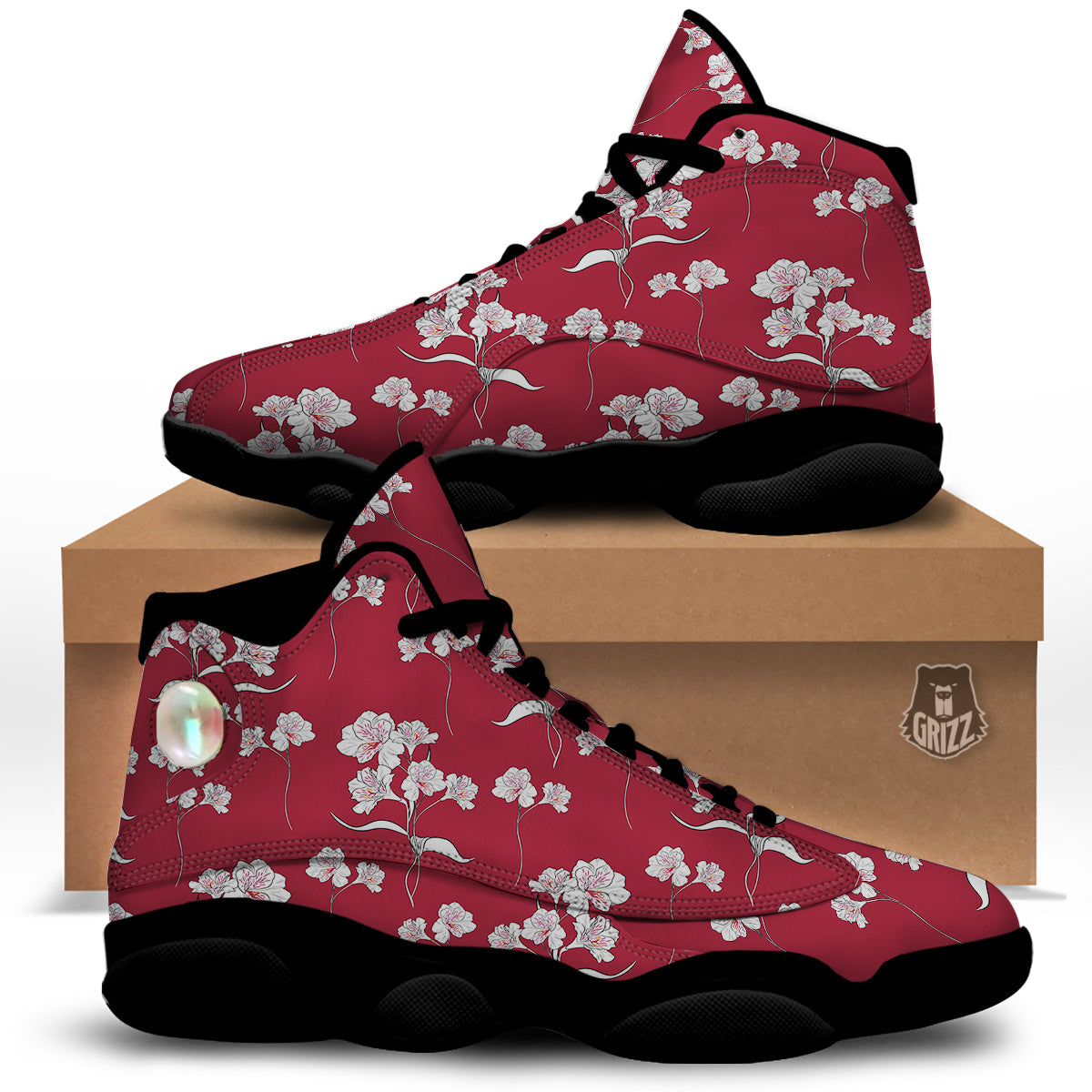 White Alstroemeria Red Print Pattern Black Basketball Shoes-grizzshop
