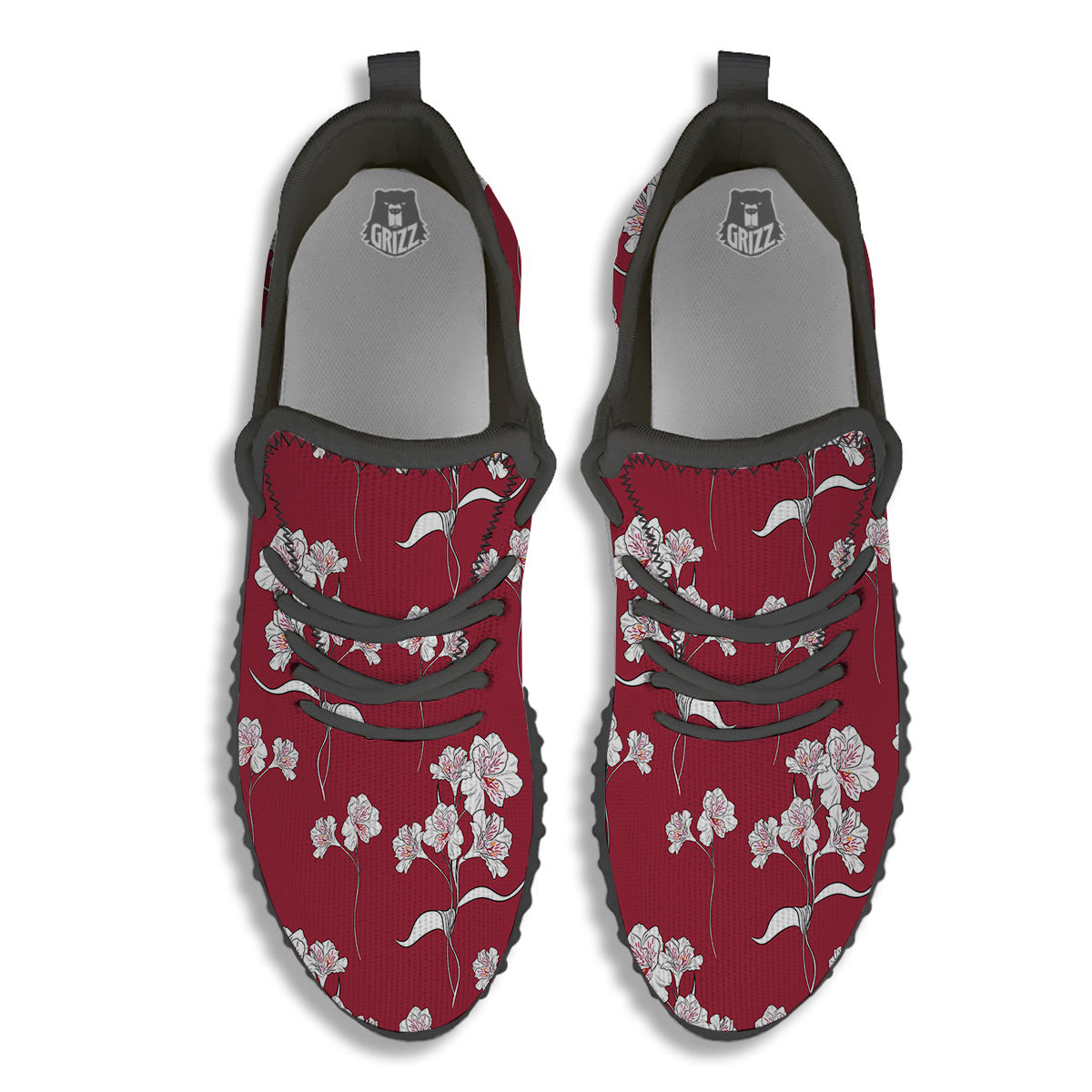 White Alstroemeria Red Print Pattern Black Walking Shoes-grizzshop