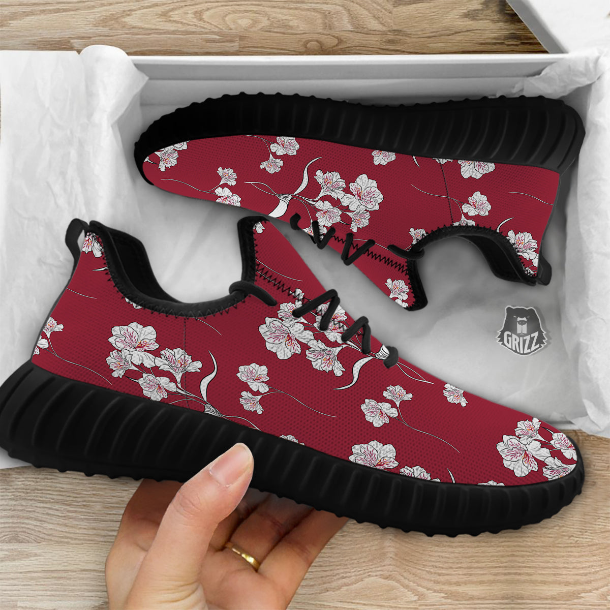 White Alstroemeria Red Print Pattern Black Walking Shoes-grizzshop