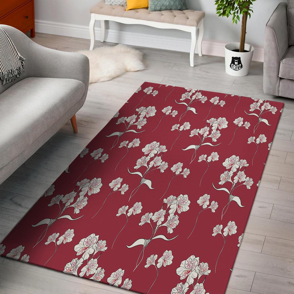 White Alstroemeria Red Print Pattern Floor Mat-grizzshop