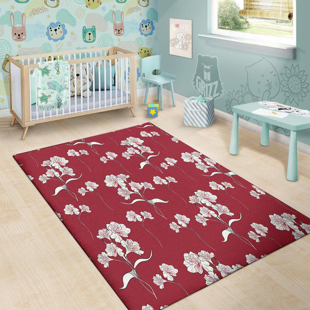 White Alstroemeria Red Print Pattern Floor Mat-grizzshop