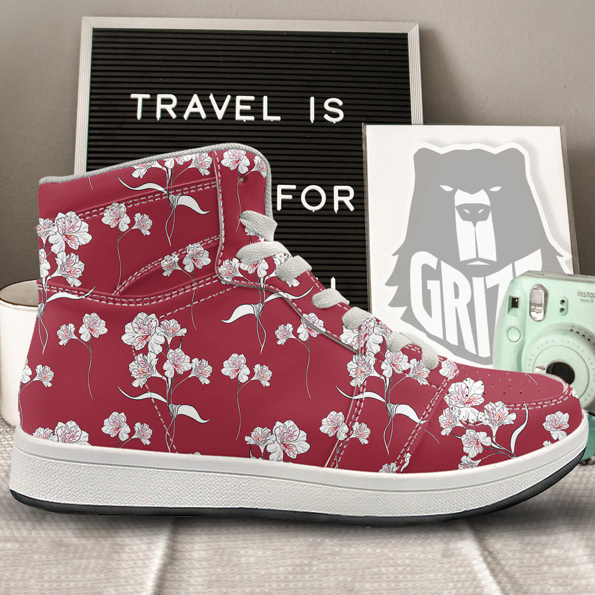 White Alstroemeria Red Print Pattern High Top Sneakers-grizzshop