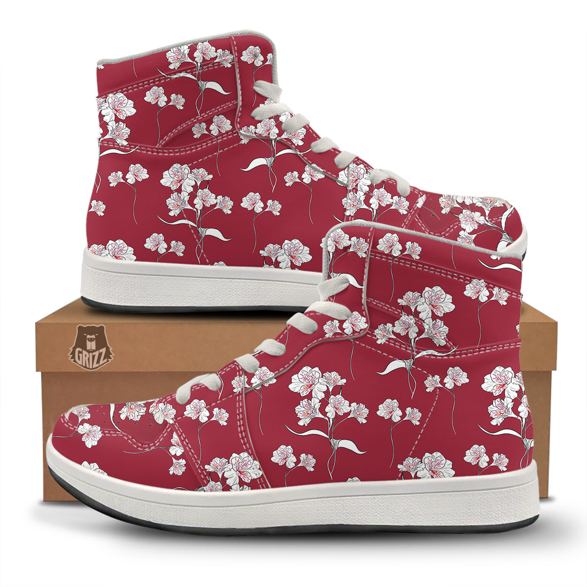 White Alstroemeria Red Print Pattern High Top Sneakers-grizzshop