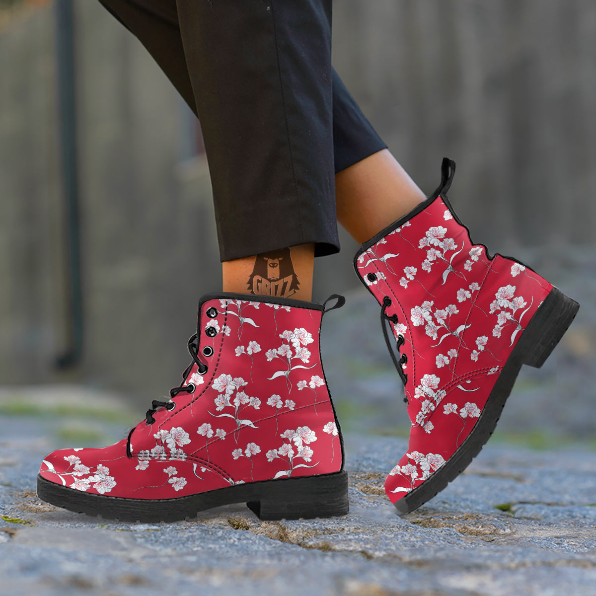 White Alstroemeria Red Print Pattern Leather Boots-grizzshop