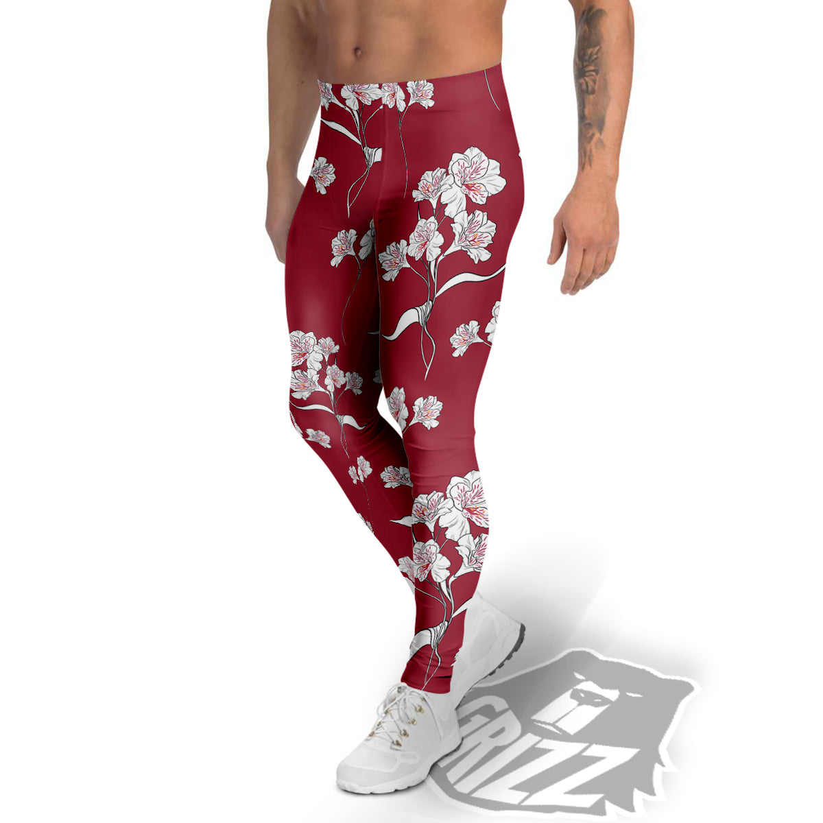 White Alstroemeria Red Print Pattern Men's Leggings-grizzshop