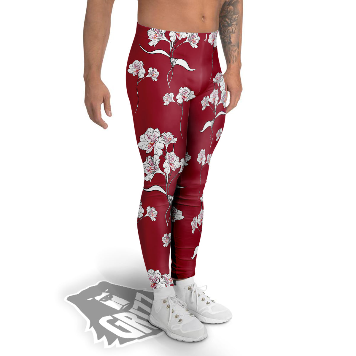 White Alstroemeria Red Print Pattern Men's Leggings-grizzshop